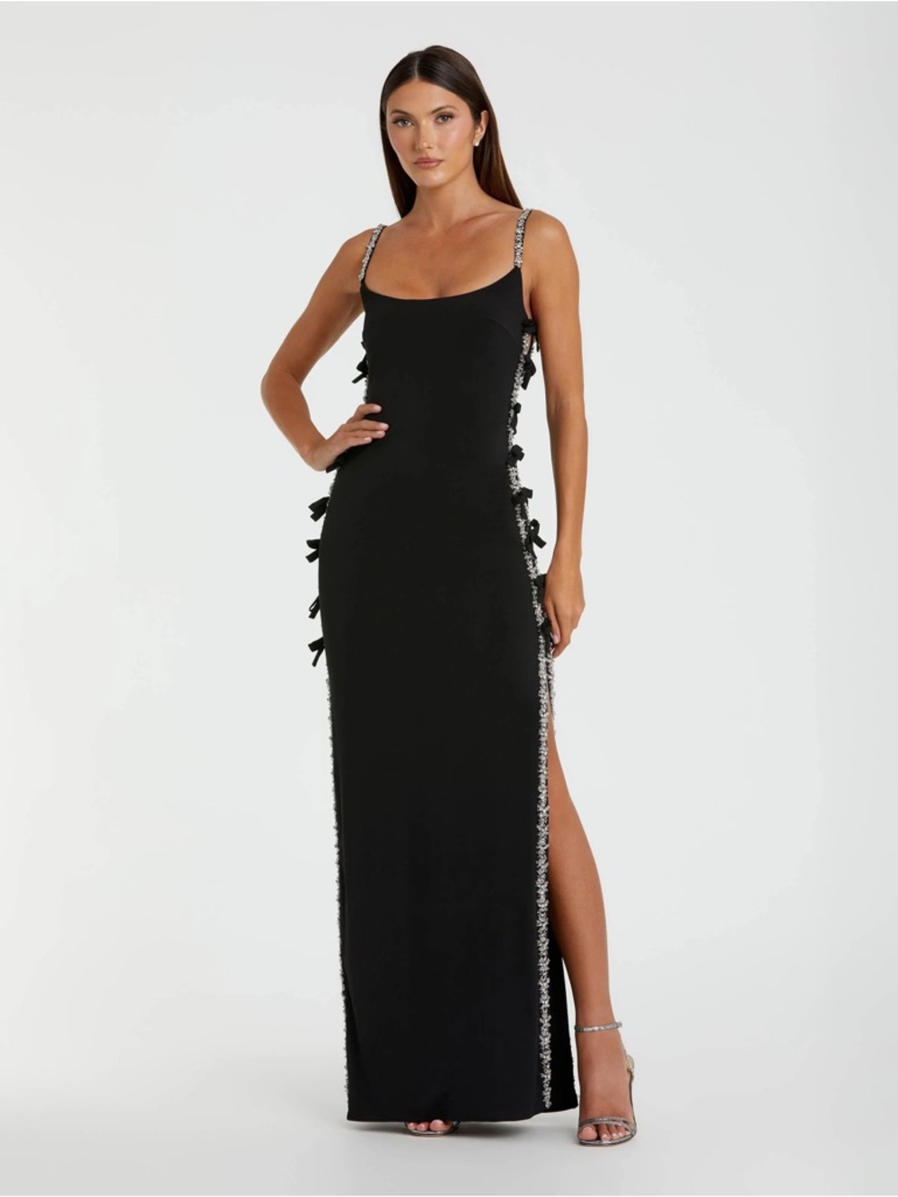 Mac Duggal 68933 Black Thin Strap Jersey Gown With Bow Details sz 2 NWOT